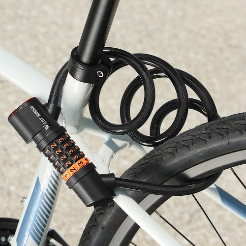 WEST BIKING Bicycle Safety Lock Bike Motorcycle Anti Theft Elasticity Locks 5 Digits Combination Password Road Bike Steel Cable Lock Portable Cycle Lock with Light 