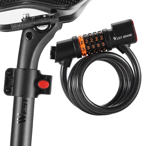 WEST BIKING Bicycle Safety Lock Bike Motorcycle Anti Theft Elasticity Locks 5 Digits Combination Password Road Bike Steel Cable Lock Portable Cycle Lock with Light 