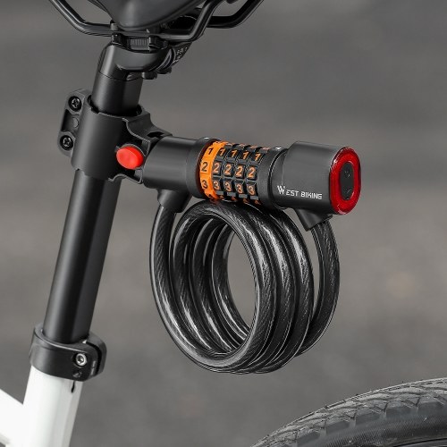 WEST BIKING Bicycle Safety Lock Bike Motorcycle Anti Theft Elasticity Locks 5 Digits Combination Password Road Bike Steel Cable Lock Portable Cycle Lock with Light 