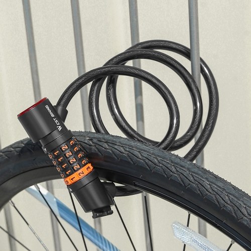 WEST BIKING Bicycle Safety Lock Bike Motorcycle Anti Theft Elasticity Locks 5 Digits Combination Password Road Bike Steel Cable Lock Portable Cycle Lock with Light 