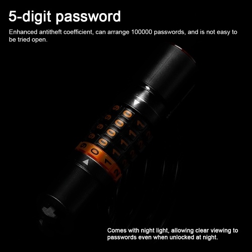 WEST BIKING Bicycle Safety Lock Bike Motorcycle Anti Theft Elasticity Locks 5 Digits Combination Password Road Bike Steel Cable Lock Portable Cycle Lock with Light 