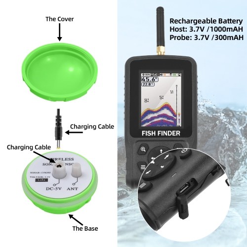 Portable Fish Finder Wireless 2.6in LED Color Screen Design Ideal for Long-distance Fishing High Bright Detection Depth Range 2.6-160ft 90° 433MHz Sonar Frequency 125 KHz Fishing Gear and Equipment 