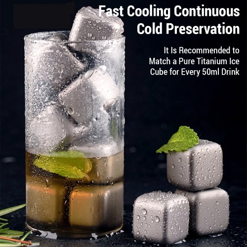 Ti Whiskey Stones Set Reusable Ti Metal Ice Cubes Non-Melting Refreezable Chilling Rocks for Whiskey and Other Drinks 