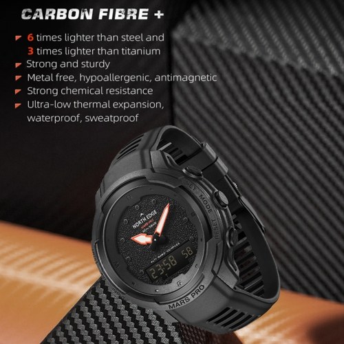 NORTH EDGE MARS Pro Carbon Fiber Outdoor Sports Men`s Watch Compass Altimeter Barometer Thermometer Alarm Clock 