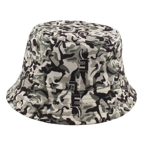 Bucket Hat Doppelseitiger Sonnenhut Camouflage Letters Print Faltbare, sonnenfeste Fischerkappen für Reisen, Wandern, Angeln im Freien