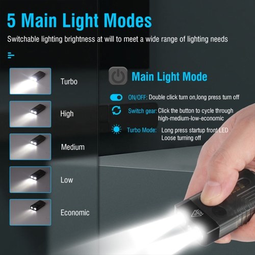 Portable LED Flashlight with 365nm UV Light Multifunctional Keychain Flashlight Magnetic Work Light with Multiple Lighting Modes Support Beeping Alarm 