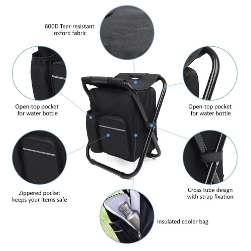 

Outdoor Folding Stool Portable Backpack Chair Stool with Insulated Cooler Bag