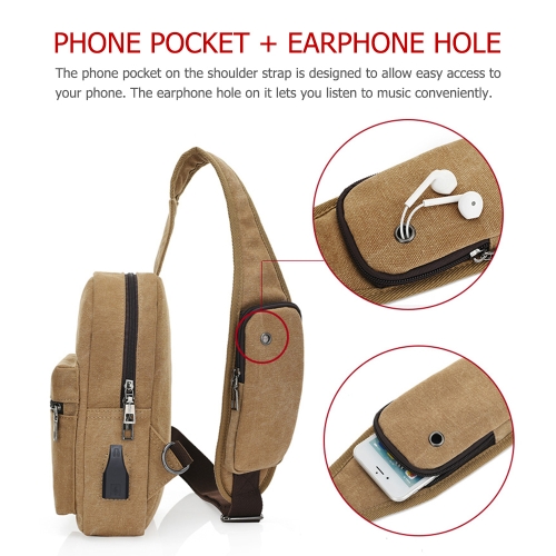 

Canvas Sling Backpack with USB Charging Port and Headphone Holes Casual Chest Travel Bag Shoulder Pack