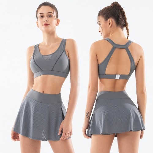 

Women's 2 Pieces Outfits Sleeveless O Neck Mesh Sports Bras High Waist Hollow Out Dress with Lining