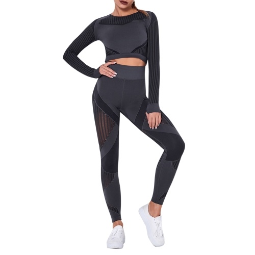 

Women Two Piece Yoga Set Crop Long Sleeve High Waist Bodycon Hollow Out Striped Sports Top Leggings Workout Fitness Outfit