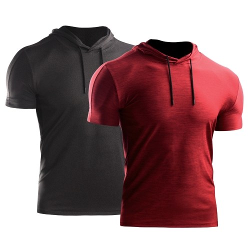 

2PCS Men Summer Sports T-Shirt Solid Color Hooded Short Sleeve Drawstring Quick-Dry Breathable Running Gym Sportswear