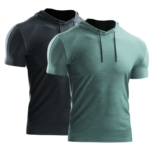 

2PCS Men Summer Sports T-Shirt Solid Color Hooded Short Sleeve Drawstring Quick-Dry Breathable Running Gym Sportswear