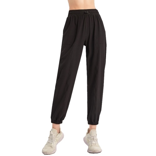 Pantaloni sportivi da donna tinta unita elastico a vita alta con coulisse tasca sciolto traspirante in esecuzione yoga palestra pantaloni