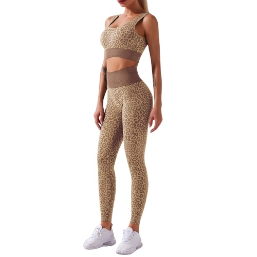 

2PCS Women Leopard Print Bra High Waist Leggings Seamless Fitness Running Gym Sports Set