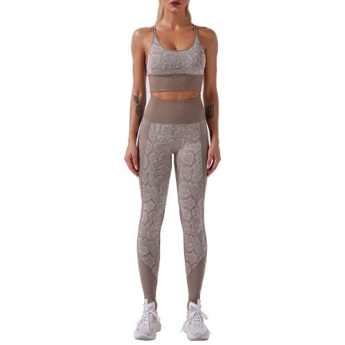 

Women Workout Set Snakeskin Print 2 Pieces Bra Tights Suit Strapping Criss-cross Bra High Waist Leggings Sports Wear