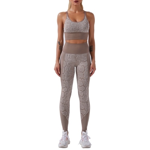 Women Workout Set Snakeskin Print 2 Pieces Bra Tights Suit Strapping Criss-cross Bra High Waist Leggings Sports Wear