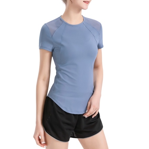 Women Sports T-Shirt Mesh Splicing Back Hollow Out Tight Fitting Short Sleeves Moisture-wicking Athletic Yoga Running Shirt Tops