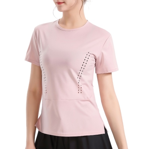 Camiseta de yoga para mujer, camisetas de manga corta con cuello redondo, dobladillo dividido, ahuecado, transpirable, elástico, sólido, suelto, para correr, Fitness, gimnasio, ropa deportiva