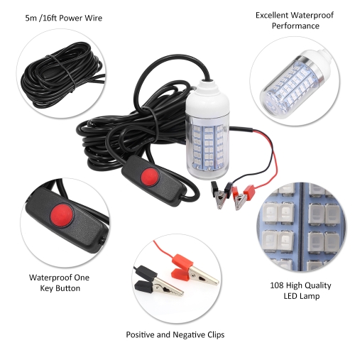

12V 15W Underwater Fishing Attract Light LED Lamp Fish Finding System Light with 30ft Power Cord and Battery Clip