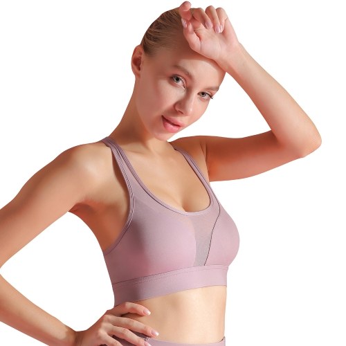 Women Padded Sports Bra Pockets Racer Back Mesh Splicing Bras Yoga Running Workout Crop Tops