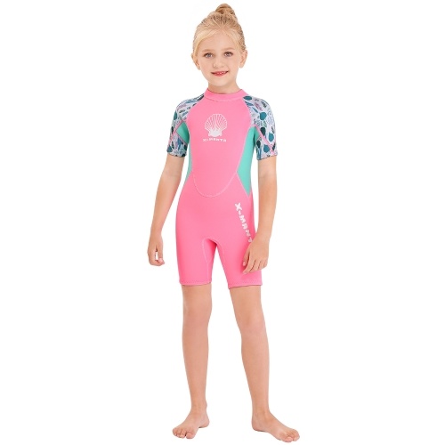 Girls Short Wetsuit One Piece Shorty Diving Swimsuit with Zipper Quick Dry Short Sleeves Surf Suit for Water Sports