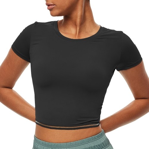 Camiseta esportiva feminina cortada Top Bodycon pescoço O de manga curta de secagem rápida respirável para ginástica e ioga top