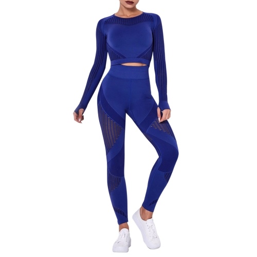 

Women Two Piece Yoga Set Crop Long Sleeve High Waist Bodycon Hollow Out Striped Sports Top Leggings Workout Fitness Outfit