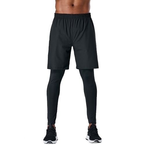 

Men Sports Pants 2-in-1 Elastic Quick-dry Pockets Breathable Running Tights Workout Athletic Leggings