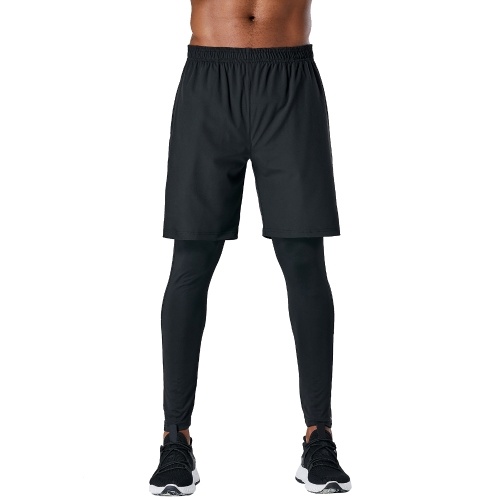 Men Sports Pants 2-in-1 Elastic Quick-dry Pockets Breathable Running Tights Workout Athletic Leggings