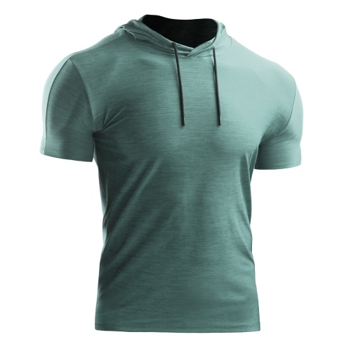 

Men Summer Sports T-Shirt Solid Color Hooded Short Sleeve Drawstring Quick-Dry Breathable Running Gym Sportswear