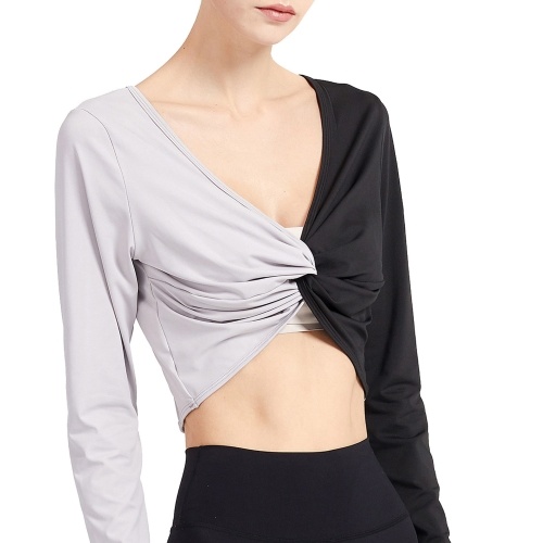 

Women Yoga Crop Top V Neck Long Sleeve Twisted Breathable Slim Running Gym Sports Shirt Sportwear