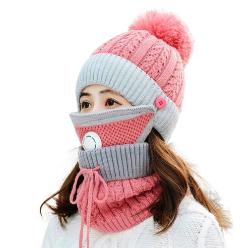 

Winter Scarf Mask Set with Breathing Valve Outdoor Thickened Knitted Hat Scarf Face Cover for Women