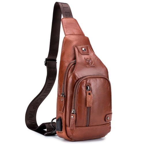 

Men Genuine Leather Sling Bag Casual Shoulder Chest Crossbody Bag Hiking Travel Daypack with USB Charging Port