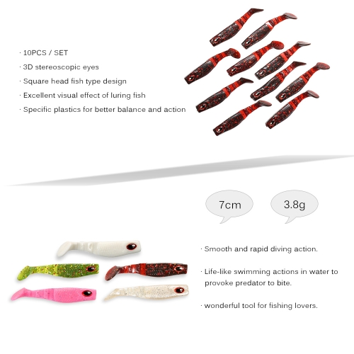 

Lixada 10pcs 7cm/3.8g Square Head Fish Type Soft Fishing Lure 3D Eyes Soft Lure Soft Bait Sea Fishing Lure