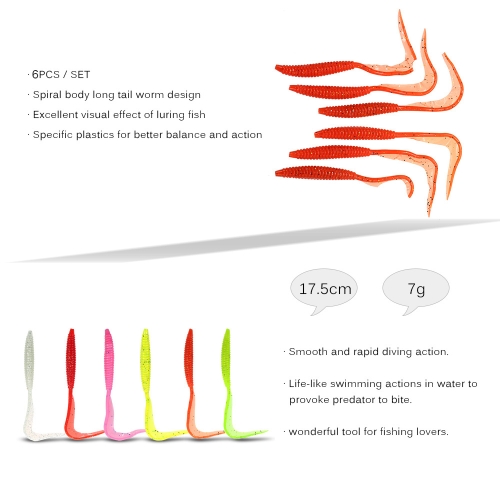 

Lixada 6PCS 17.5cm/7g Spiral Shape Body Long Tail Soft Fishing Lure Soft Bait Worm Mixed Color Fishing Lure Set