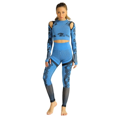 

2PCS Women Yoga Crop Shirt Leggings Camouflage Print Thumb Hole Hollow Out Breathable Seamless Bodycon Fitness Sportswear
