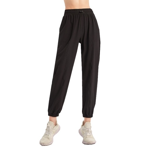 

Women Sports Pants Solid Color Elastic High Waist Drawstring Pocket Loose Breathable Running Yoga Gym Trousers