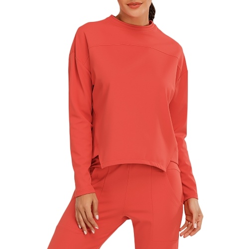 

Women Sweatshirt O-Neck Long Sleeves Asymmetrical Hem Quick-Dry Running Fitness Gym Sportswear Solid Loose Lounging Tops