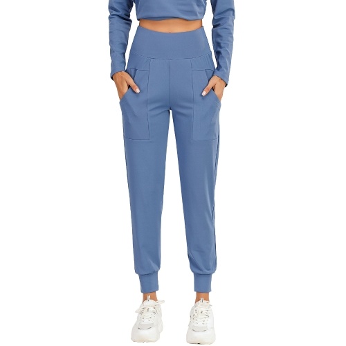 

Women Sports Pants Solid Color High Waist Pocket Quick Dry Moisture-wicking Breathable Running Fitness Trousers Sportswear