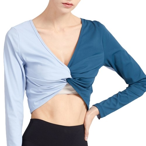 

Women Yoga Crop Top V Neck Long Sleeve Twisted Breathable Slim Running Gym Sports Shirt Sportwear