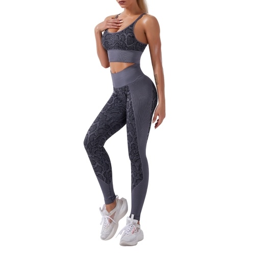 

Women Workout Set Snakeskin Print 2 Pieces Bra Tights Suit Strapping Criss-cross Bra High Waist Leggings Sports Wear