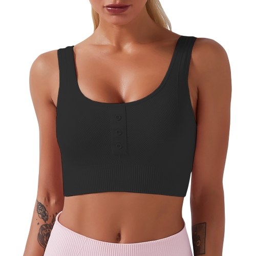 

Women Sports Bra Buttoned Front U Neck Removable Padded Breathable Moisture-wicking Crop Tank Tops