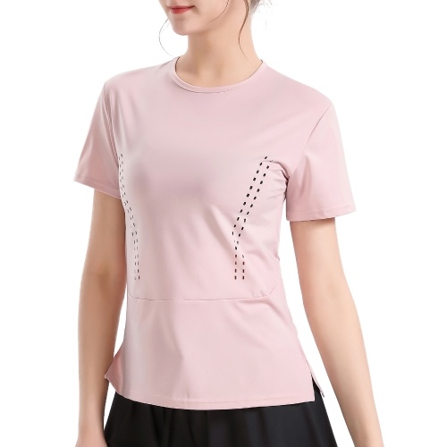 

Women Yoga T-Shirt O-Neck Short Sleeve Tops Split Hem Hollow Out Breathable Elastic Solid Loose Running Fitness Gym Sportswear