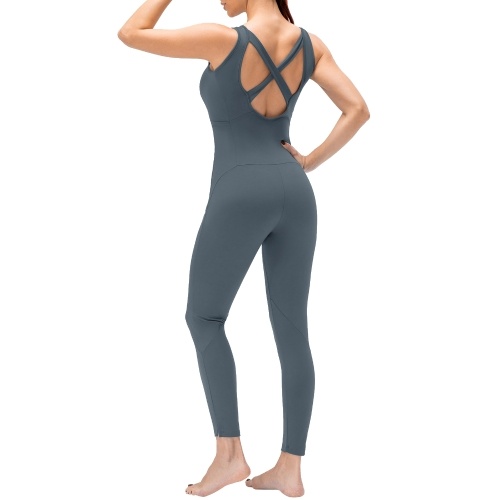 Women Yoga Jumpsuit with Pockets Sleeveless Leggings Open Back Fitness Workout Bodysuit Rompers