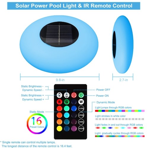 Solar Floats Pool Light IP67 Waterproof Lawn Light Colorful LED Ambient Light Support 16 Colors 4 Lighting Modes 8-Level Bightness with Remote Controller for Pool Garden Lawn Patio Courtyard Decor 
