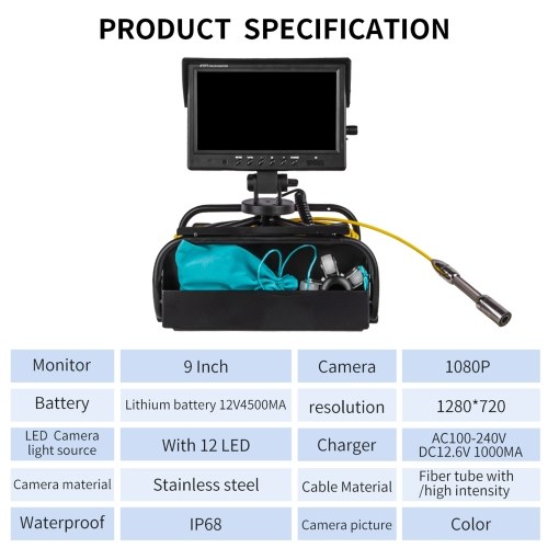 9 Inch True Color LCD Display 12 LED 20m/30m/50m Periscope Inspection Camera Pipeline Endoscope for Cave Exploration, Water-supply Pipe, Air-Conditioner Pipe, Cable Pipe, Pipeline Vacuum System, Buildings, Sunken Pipe 