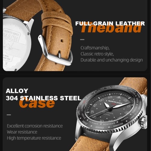 North Edge Mach Watch Pilot Watch Solar Powered Watch for Men 50M Waterproof Chronograph Night Vision Lasting Up to 180 Days Solar Watch 