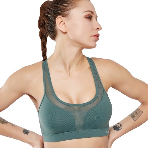 

Women Padded Sports Bra Pockets Racer Back Mesh Splicing Bras Yoga Running Workout Crop Tops