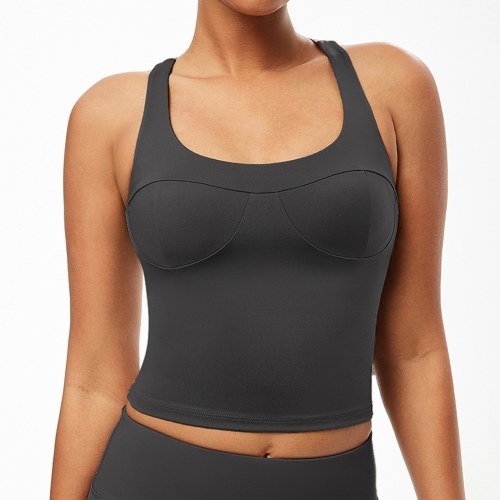 Women Yoga Tank-Top Padded Quick-dry Skin-friendly Crisscross Strappy Back Sports Bra Shirt Sportswear