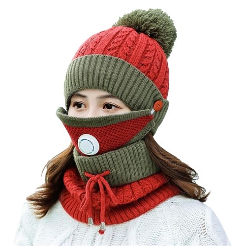 

Winter Scarf Mask Set with Breathing Valve Outdoor Thickened Knitted Hat Scarf Face Cover for Women
